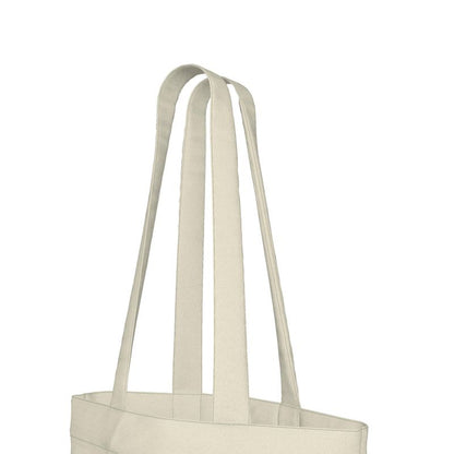 Beige tote bag with straps on a white background