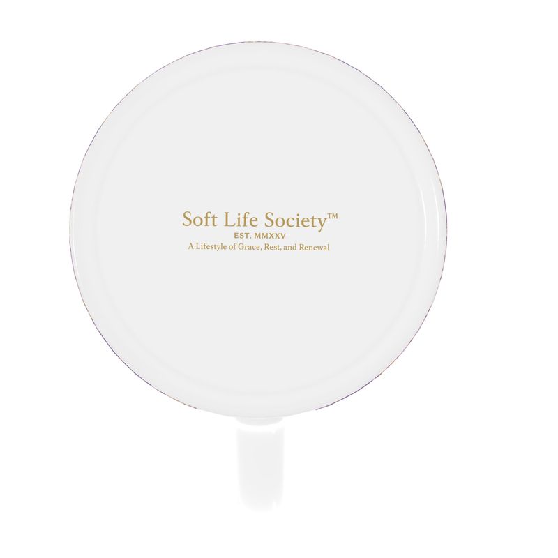 Branding with 'Soft Life Society' branding on bottom coffee mug on a white background