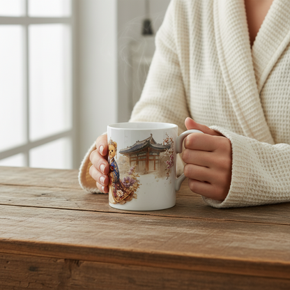 Person holding a mug with a scenic design on a wooden table