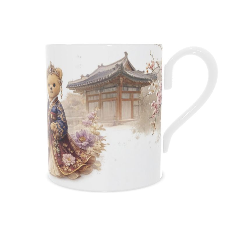 Mug with a decorative design of a traditional figure and building on a white background