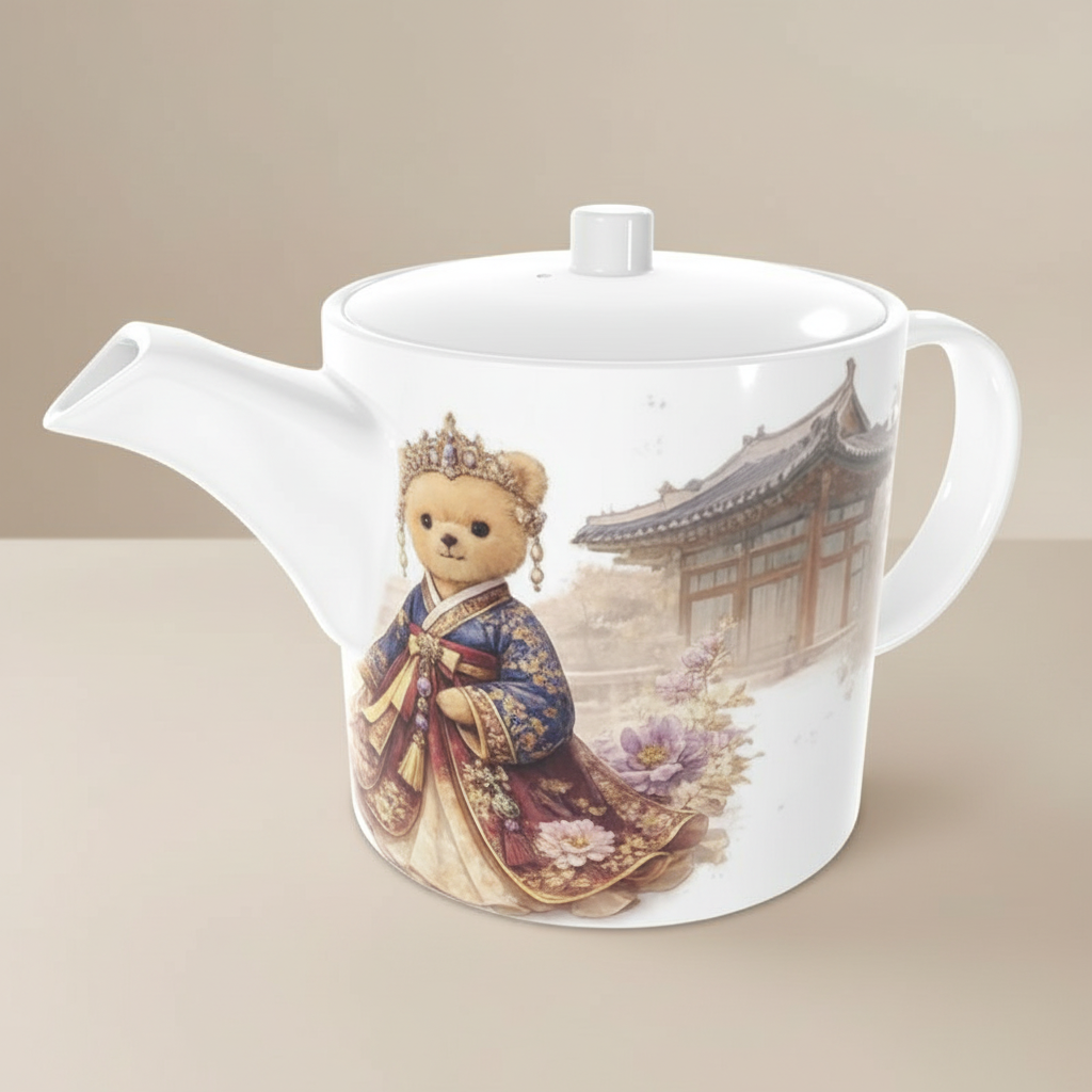 Teapot with a bear in traditional attire design on a beige background