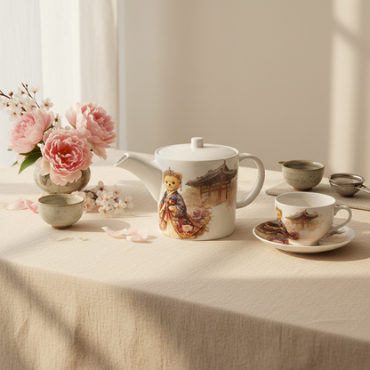 Tea set with a teapot, cups, and saucers on a table with flowers in the background.