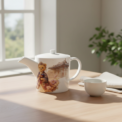Teapot with a teddy bear design on a wooden table with a window in the background