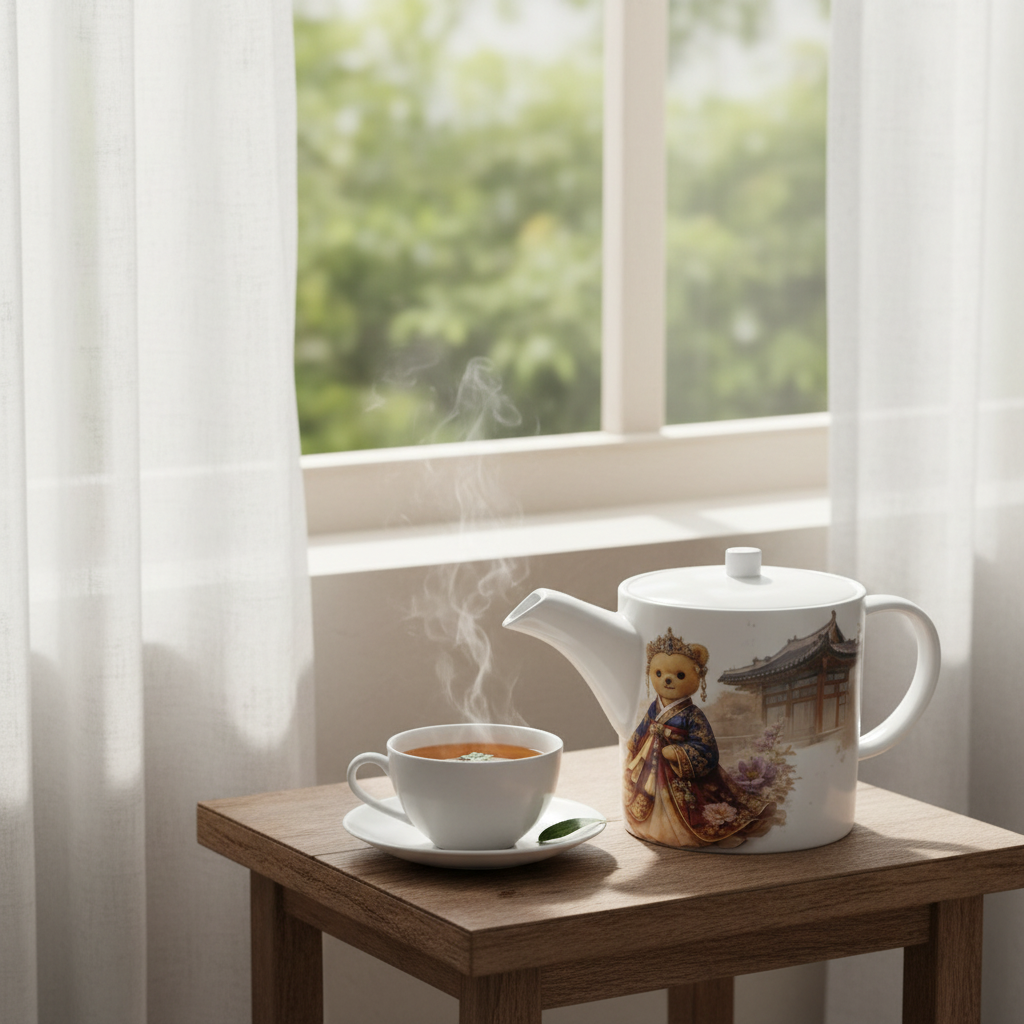 Steaming cup of tea with a teapot on a wooden table by a window with white curtains.