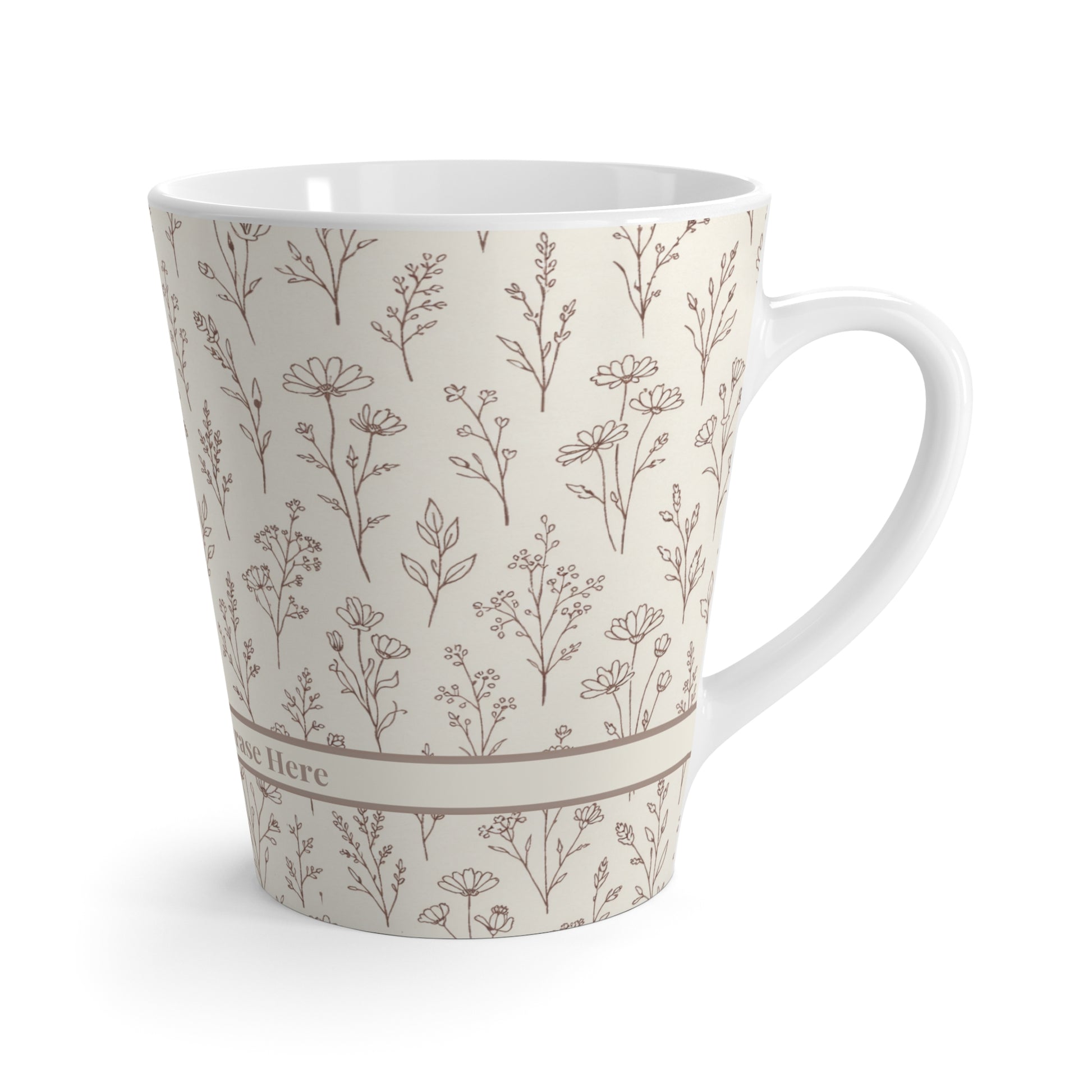 Back angle of Romanticize Your Life botanical latte mug showing smooth ceramic finish and minimalist neutral design.