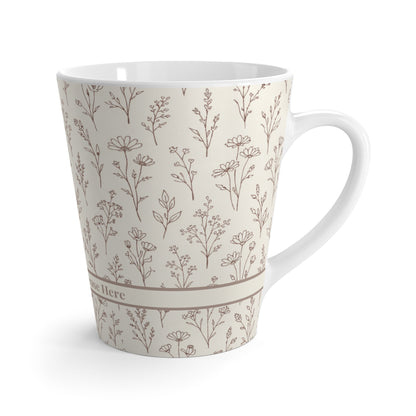 Back angle of Romanticize Your Life botanical latte mug showing smooth ceramic finish and minimalist neutral design.