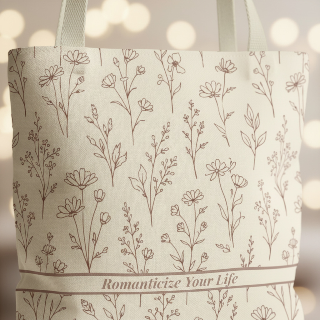 Closeup of soft neutral botanical line pattern and Romanticize Your Life banner on floral tote bag