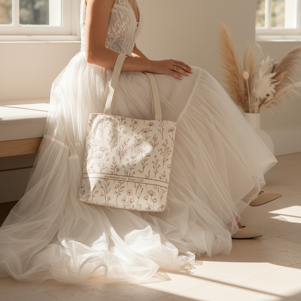 Bride seated in flowing gown holding floral tote bag, romantic bridal morning aesthetic