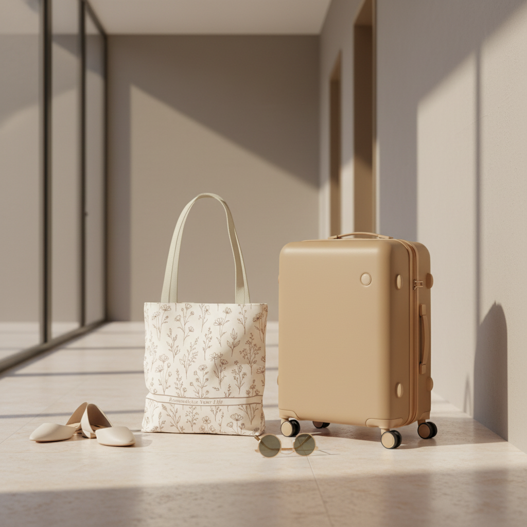 Neutral floral travel tote bag beside carry-on suitcase in luxury hallway setting, weekend travel styling