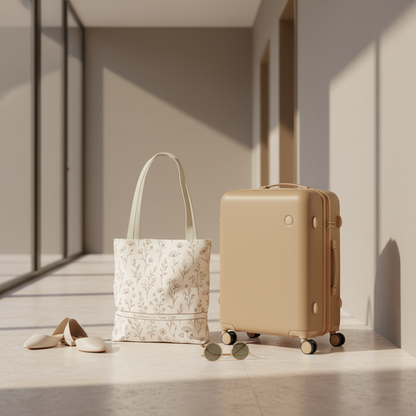 Neutral floral travel tote bag beside carry-on suitcase in luxury hallway setting, weekend travel styling