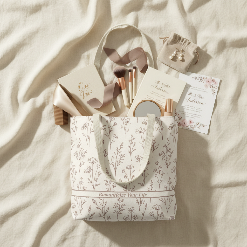 Flatlay of floral tote bag filled with lifestyle essentials like sunglasses, book and cosmetics