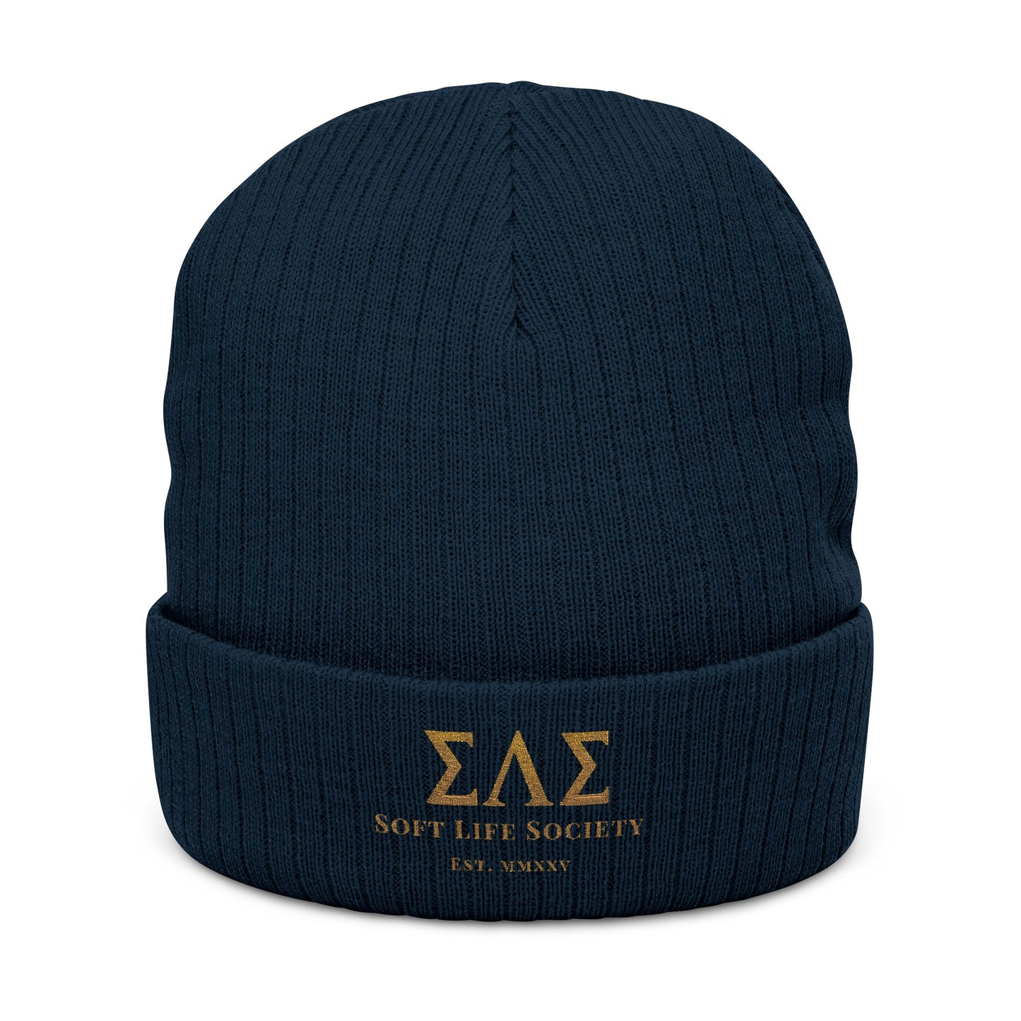 Navy blue beanie with gold embroidery on a white background