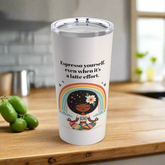 20oz white travel tumbler featuring a zen-inspired design of a meditating woman with an afro, adorned with a rainbow and the phrase 'Espresso yourself, even when it's a latte effort.'