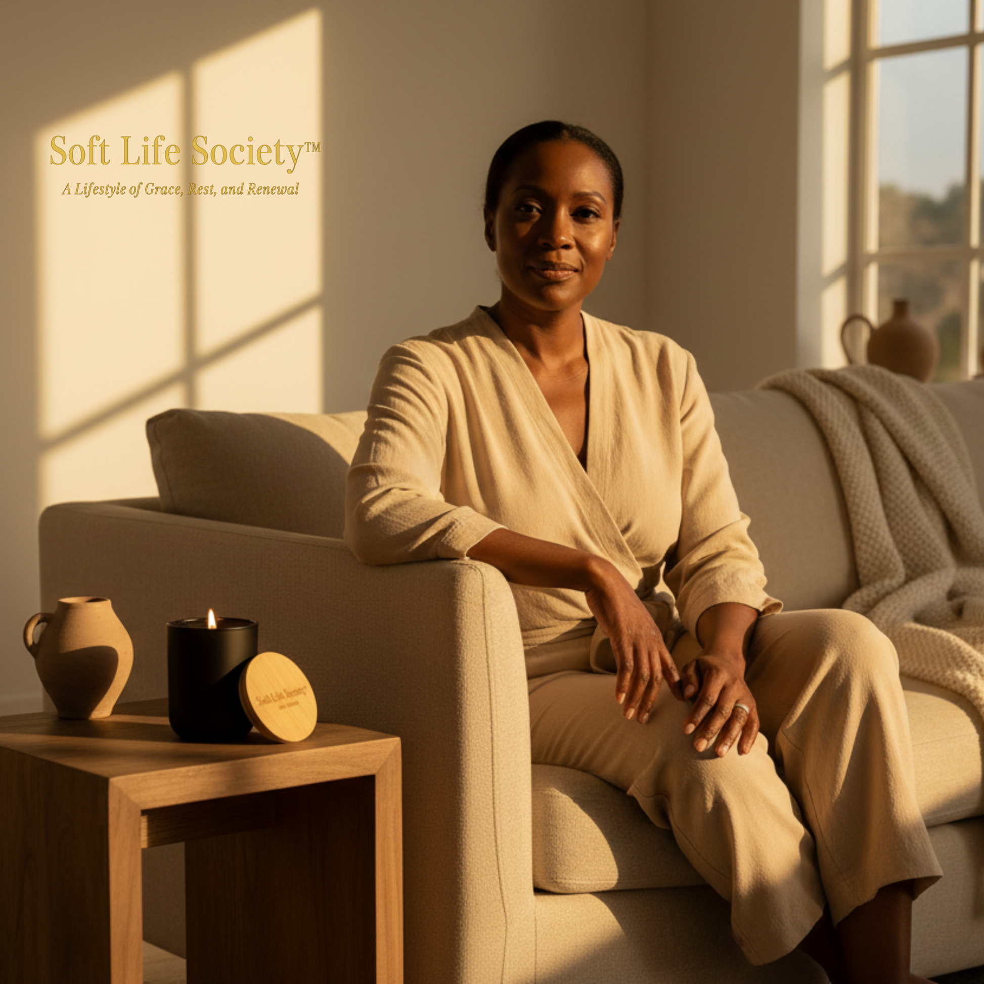 Woman sitting on a couch in a warm, sunlit room with 'Soft Life Society' branding.