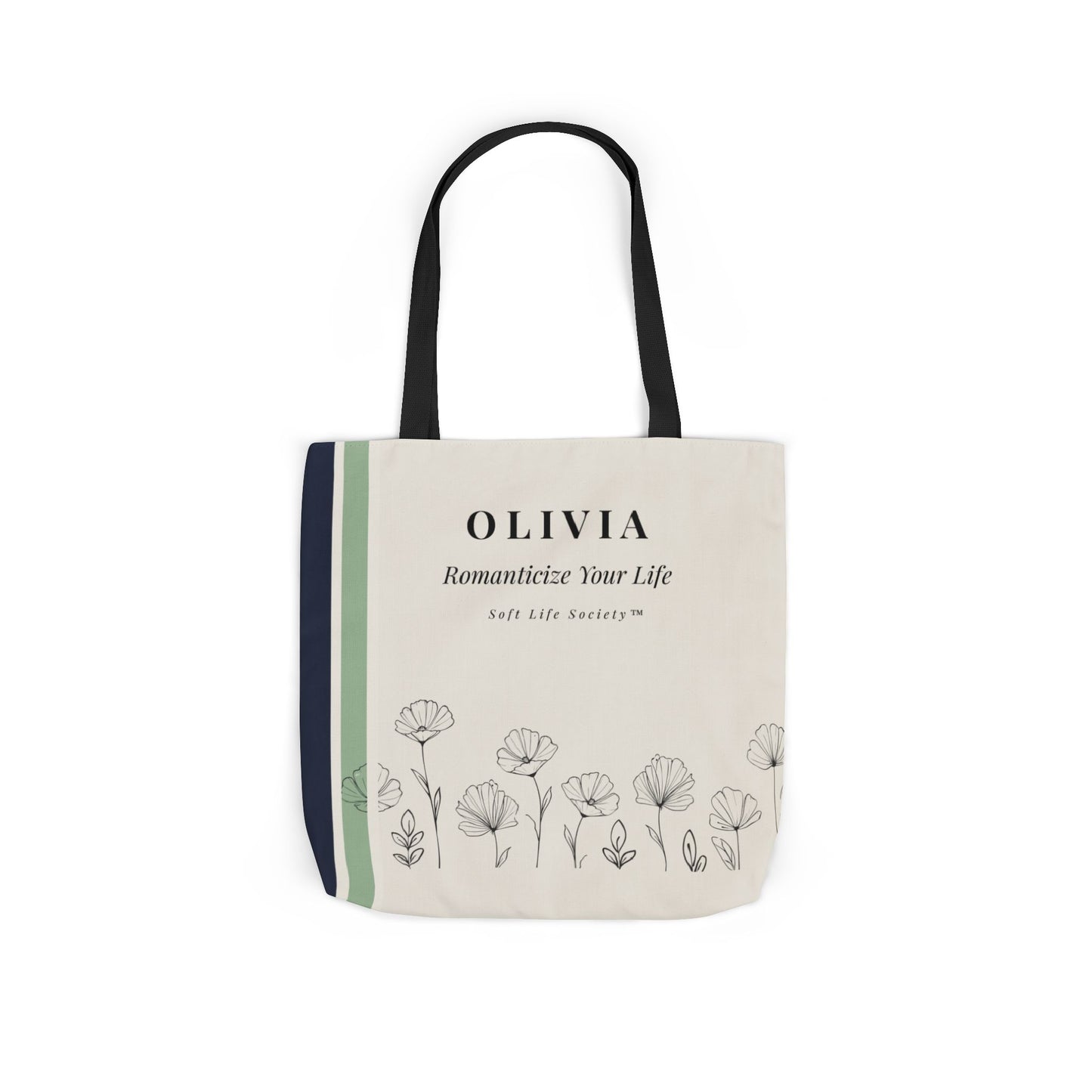 Tote bag with floral design and text on a white background