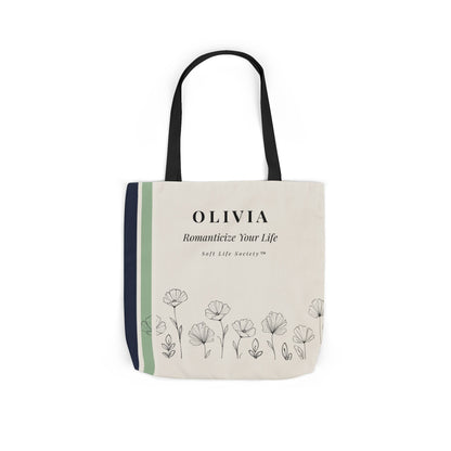 Tote bag with floral design and text on a white background