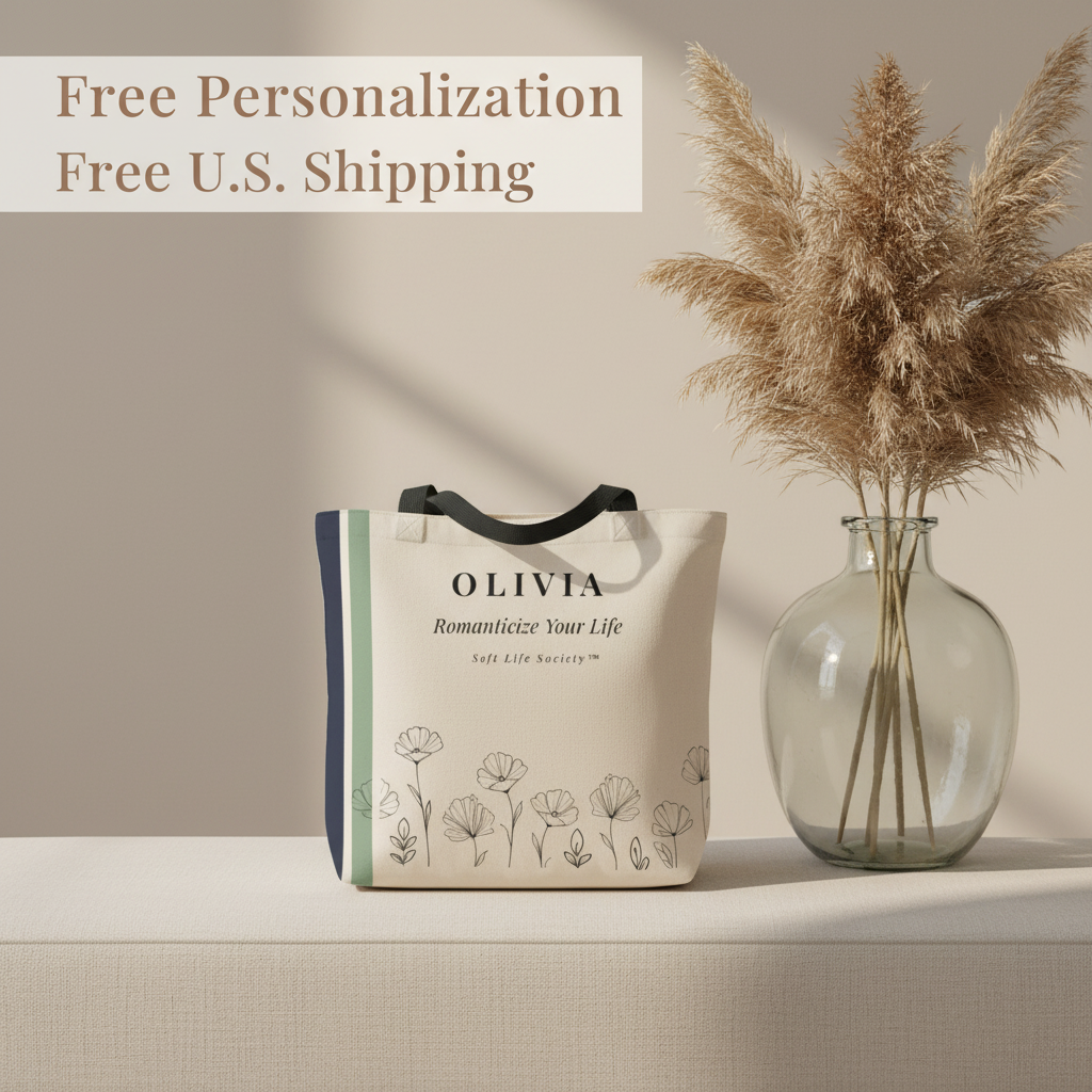 Tote bag with 'OLIVIA' branding next to a vase with dried plants on a neutral background.