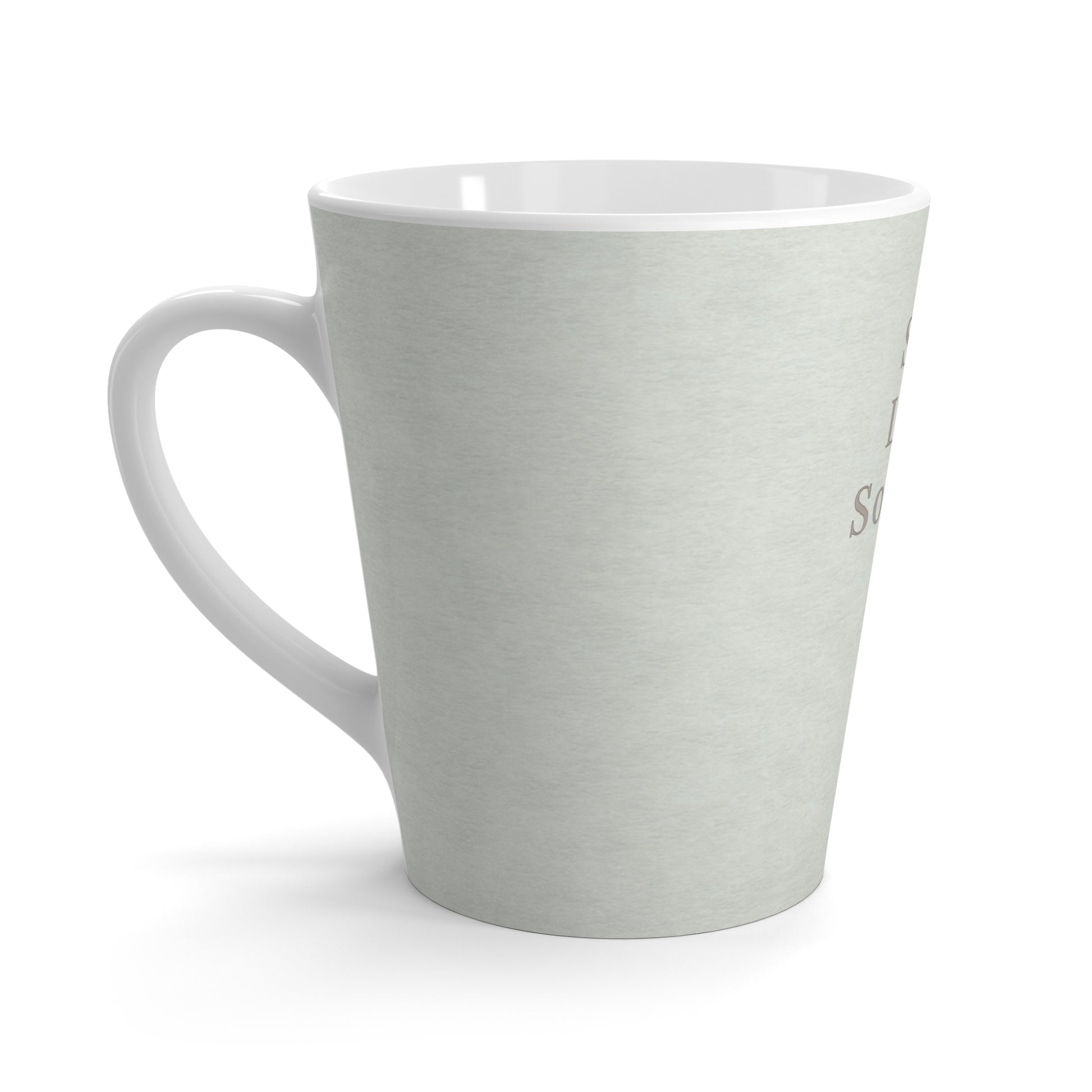 Light green mug with 'Soft Life Society' branding on a white background