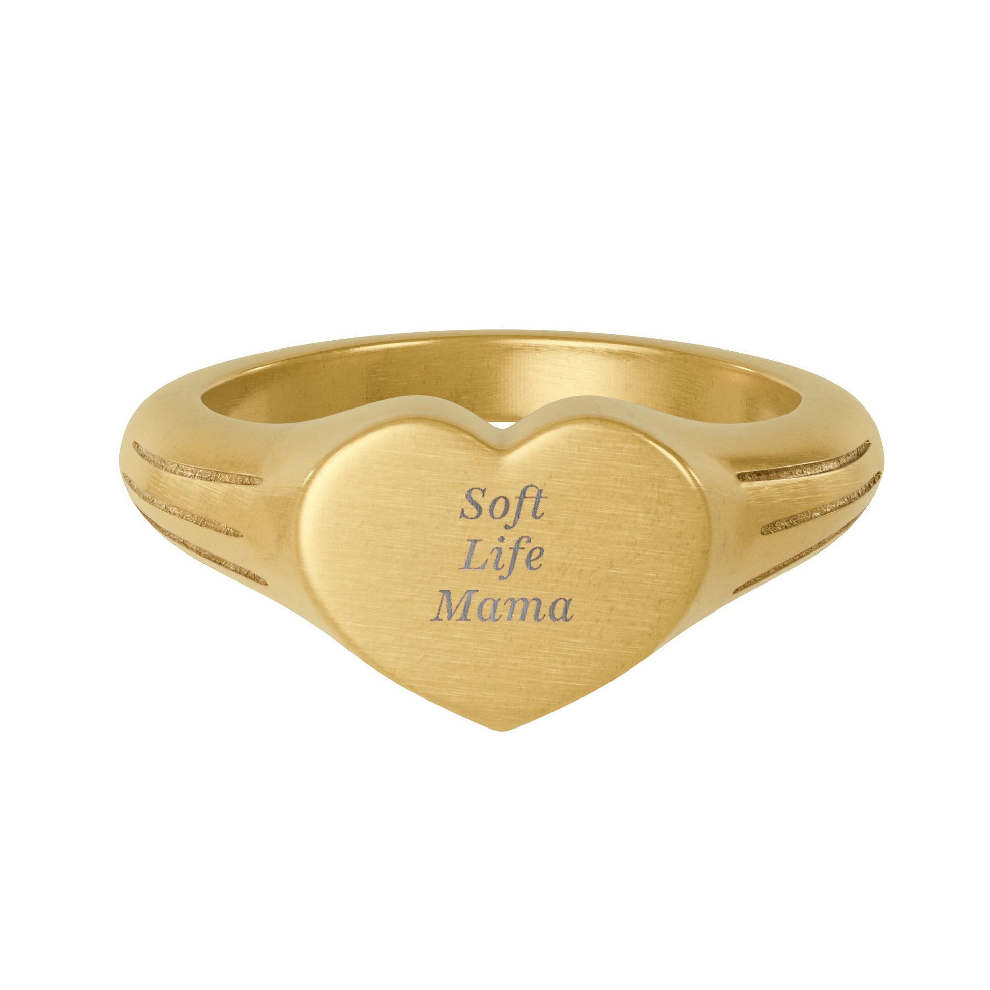 Gold heart-shaped ring with 'Soft Life Mama' engraving on a white background