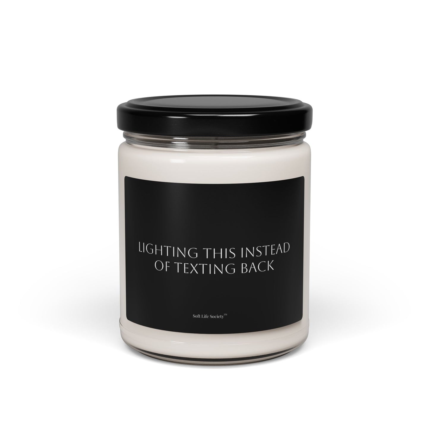 Candle jar with a black label on a white background