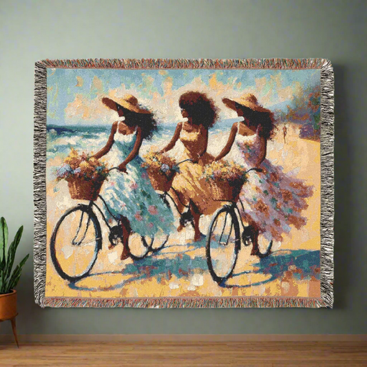 Beachside Bliss Woven Throw Blanket | Coastal Charm with Bicycles and Floral Accents | Afrocentric Art