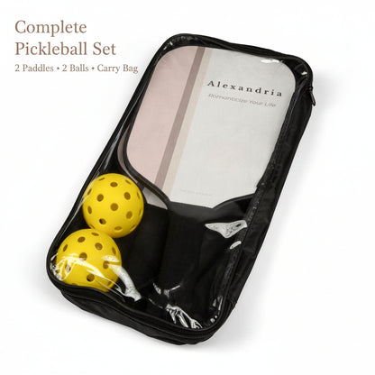Black travel pickleball paddle pouch with yellow balls on a white background