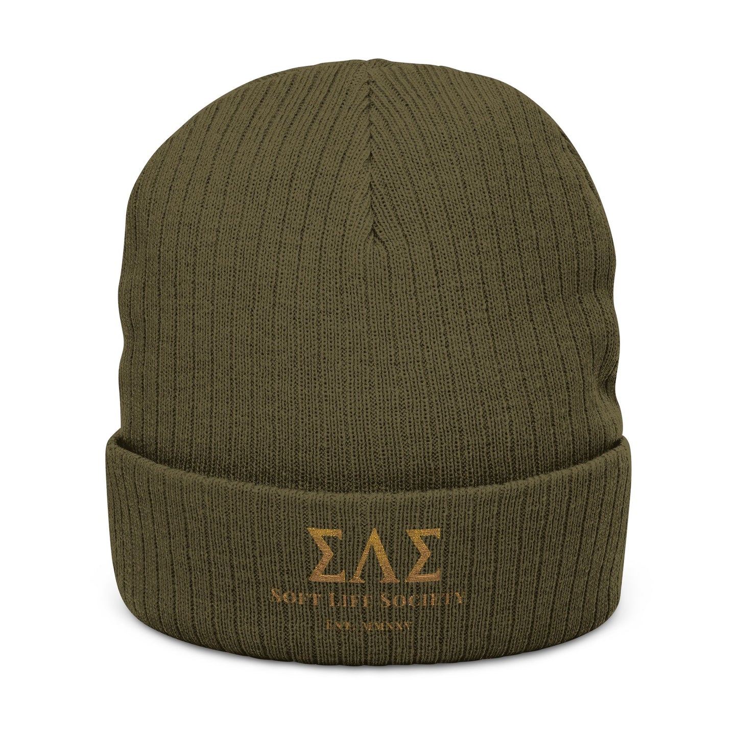 Green beanie with embroidered logo on a white background