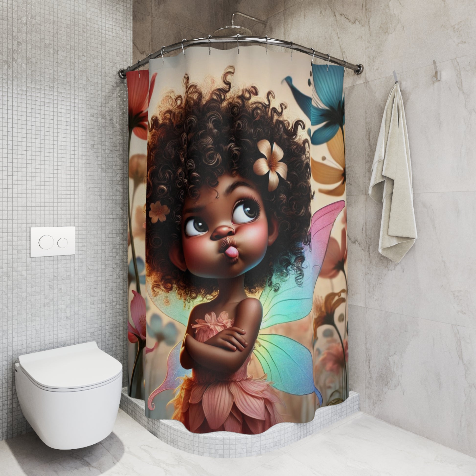 Corner-view of a colorful fairy-themed shower curtain with glowing details in a tiled bathroom.
