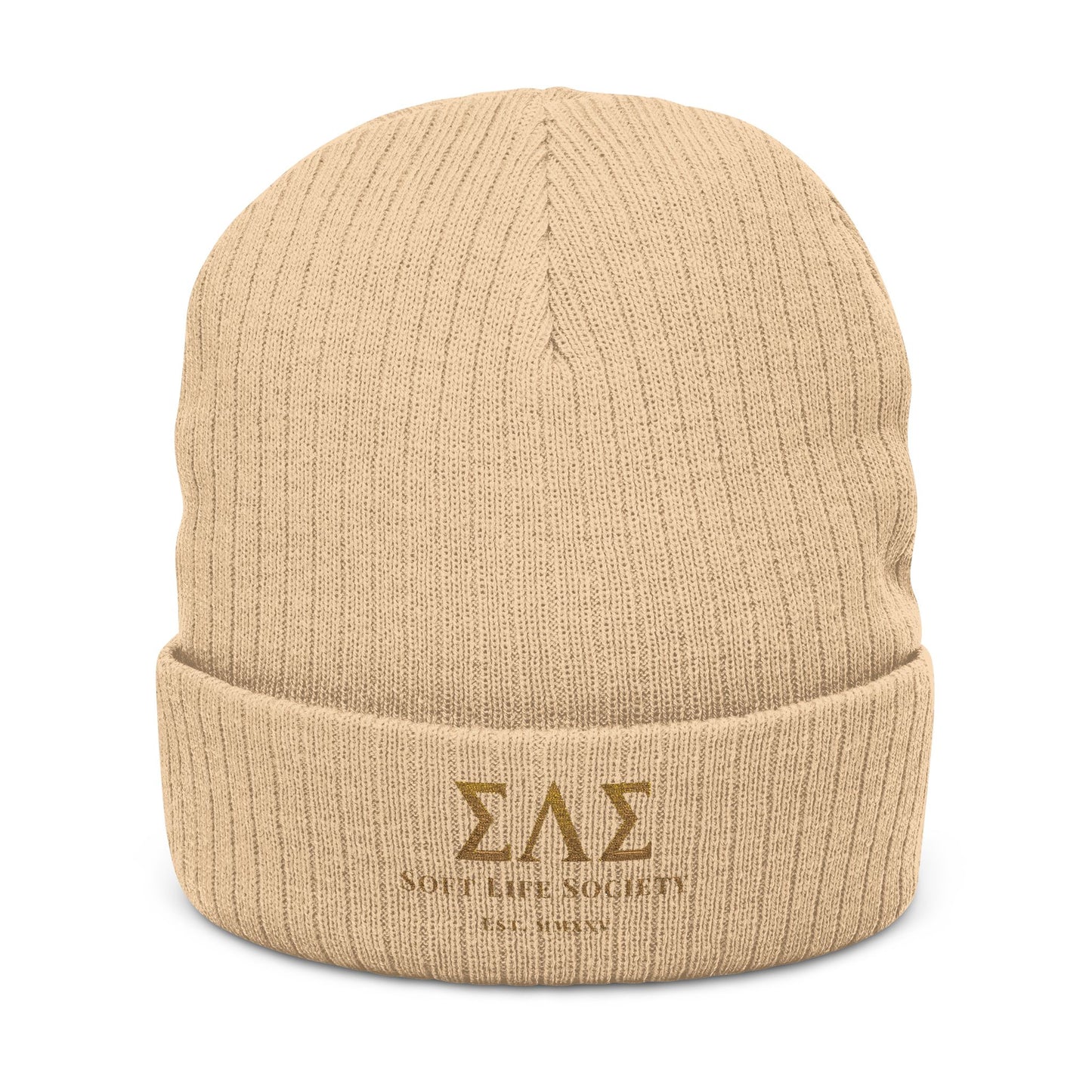 Beige beanie with gold text on a white background