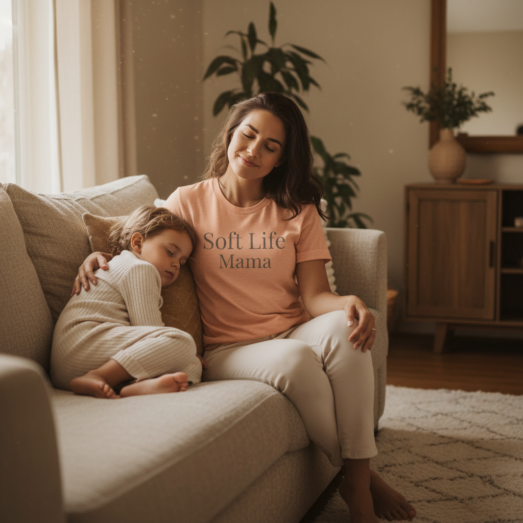 Soft Life Mama shirt lifestyle image mom relaxing on couch with child warm home scene