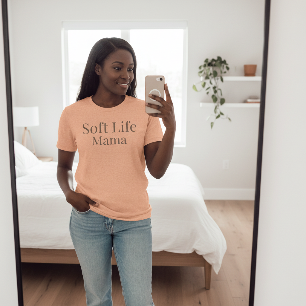 Soft Life Mama graphic tee mirror try-on casual fit neutral aesthetic outfit