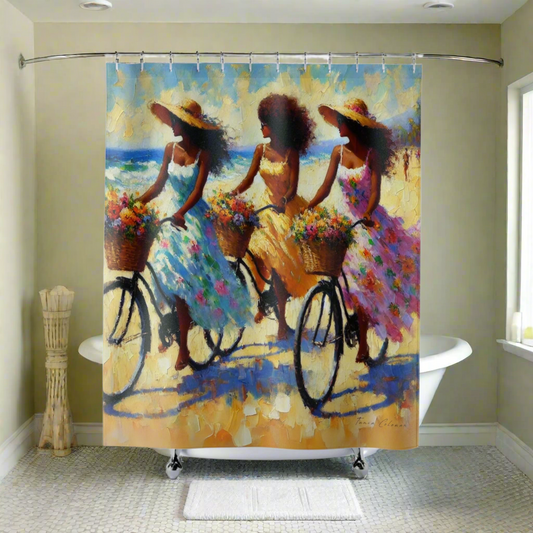 Bathroom view with the coastal-themed "Joyful Rides by the Sea" shower curtain as the focal point.
