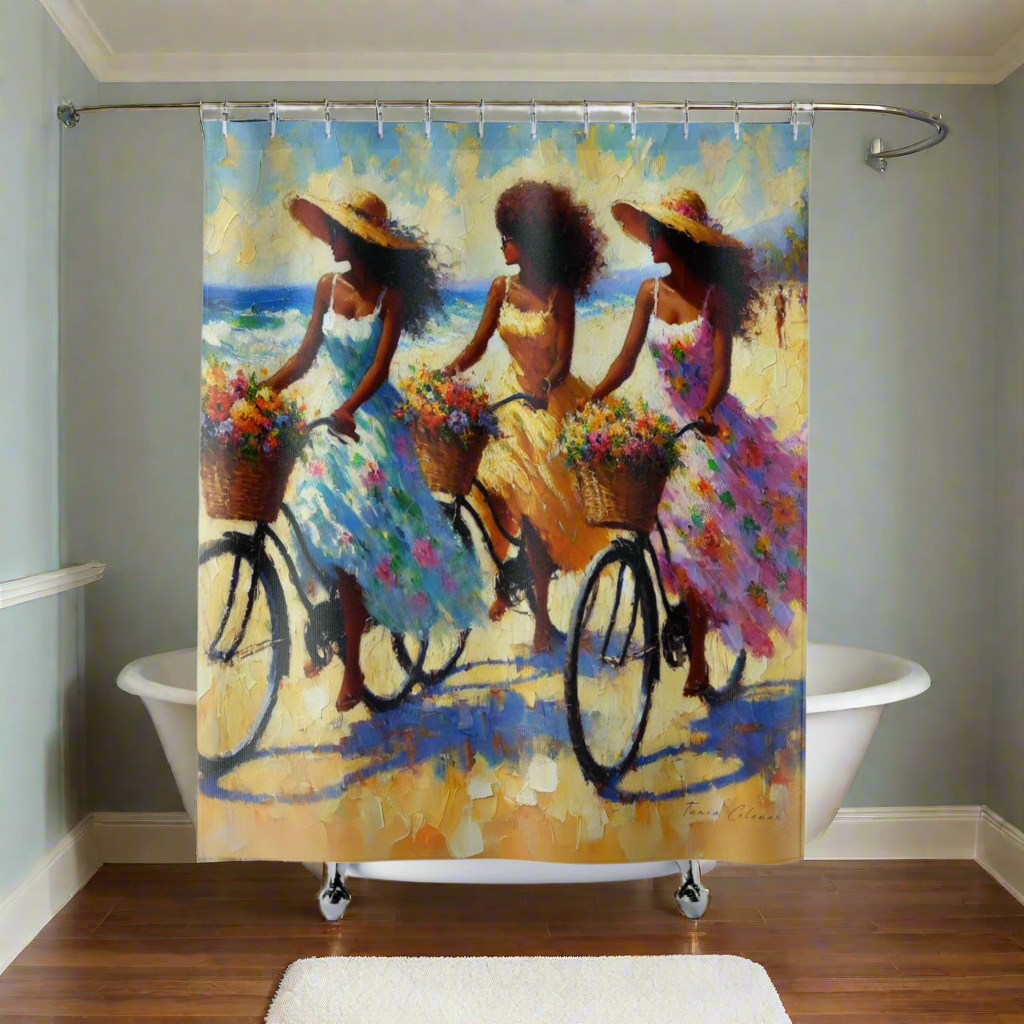 Bathroom view with the coastal-themed "Joyful Rides by the Sea" shower curtain as the focal point.