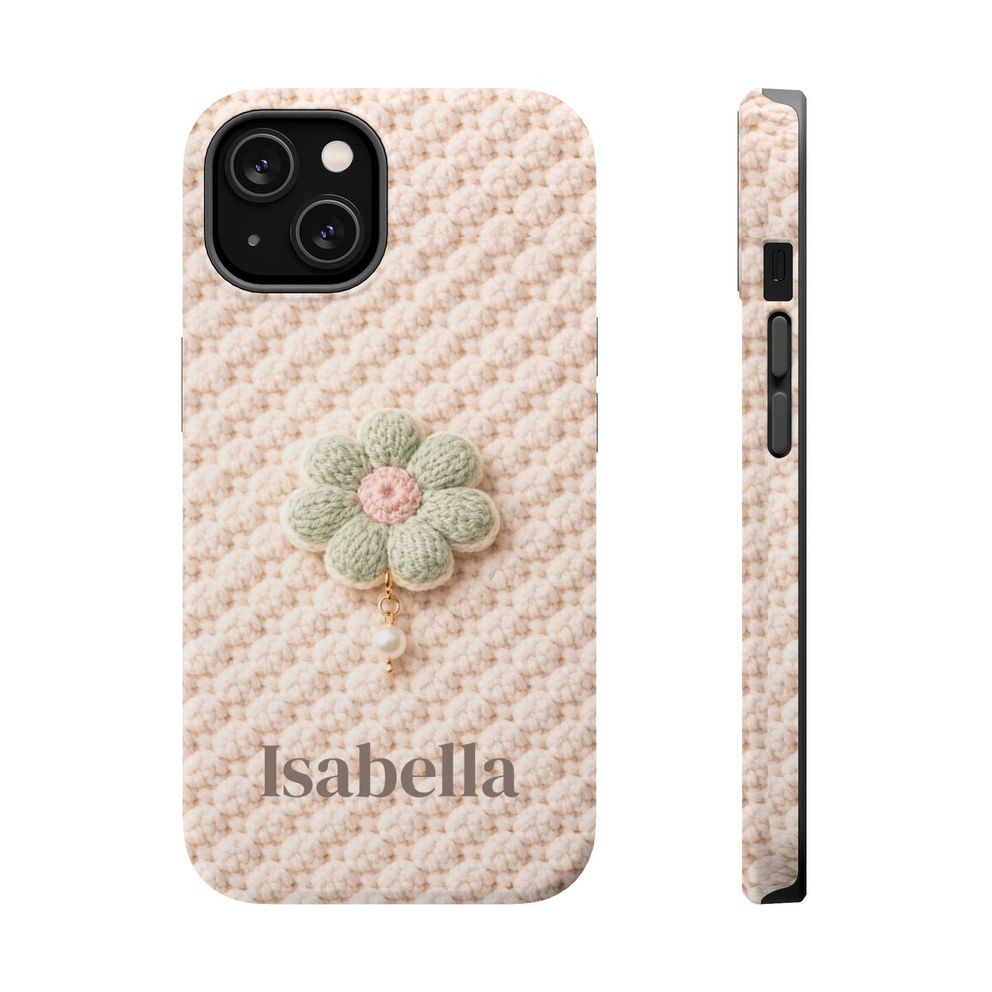 Phone case with textured pattern and floral charm, featuring the name 'Isabella'.