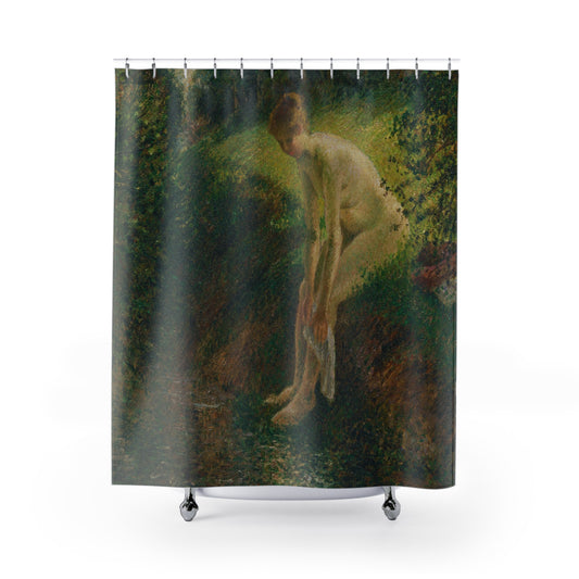 Bather in the Woods shower curtain hanging in a modern bathroom setting, showcasing elegant natural artwork.
