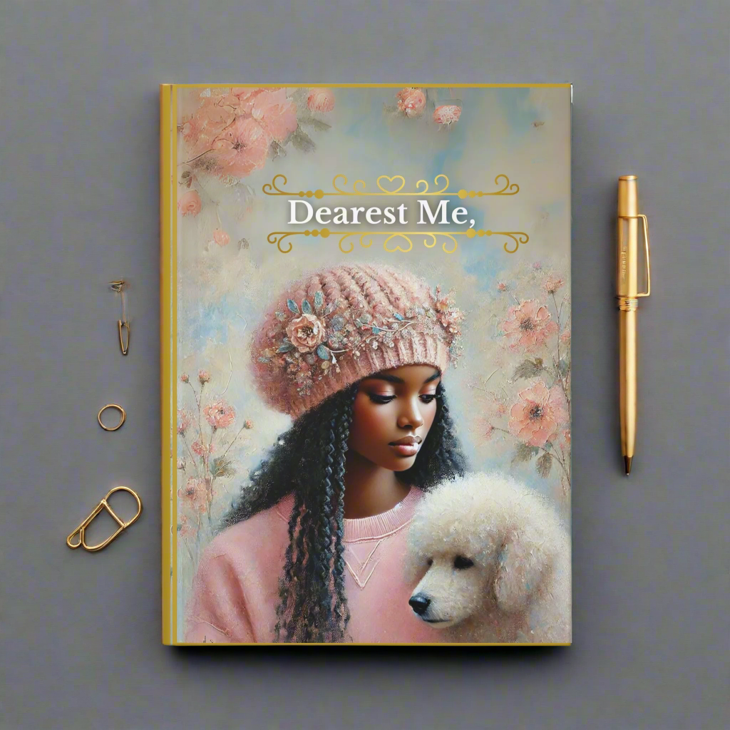 Open hardcover journal showing front and back covers with "Dearest Me" title and motivational message