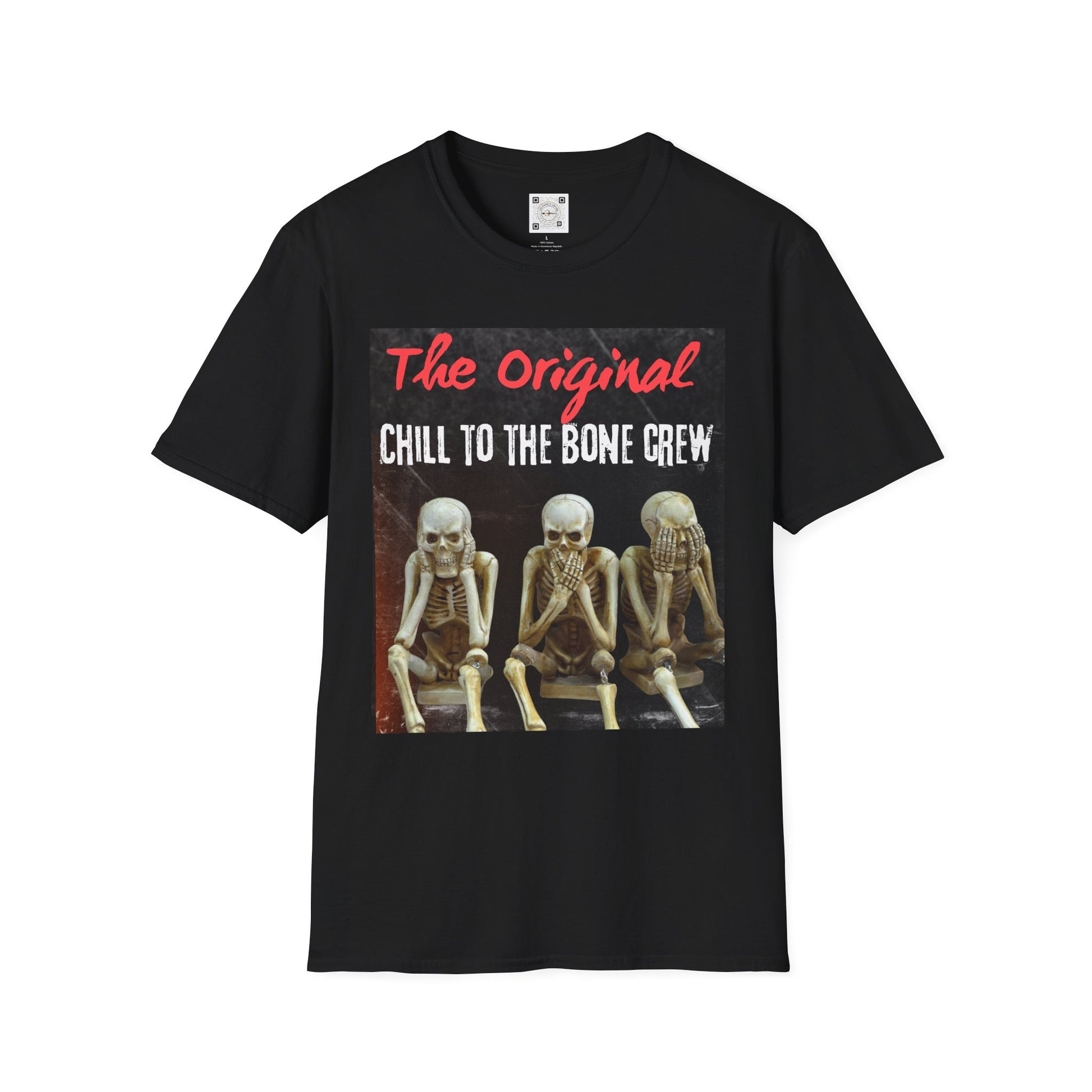 Front view of 'Chill to the Bone' skeleton crew T-shirt featuring three playful skeletons.