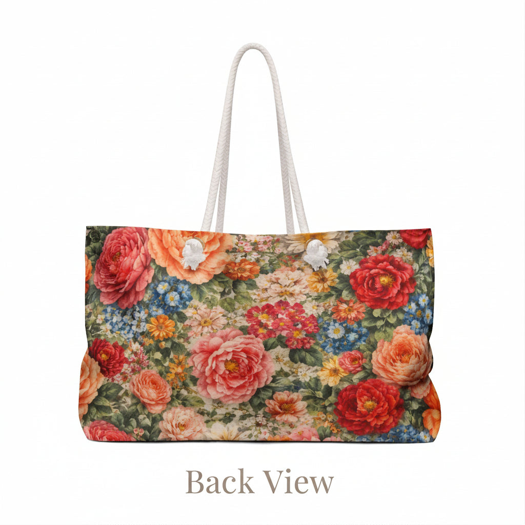 Floral patterned bag with a white handle on a white background