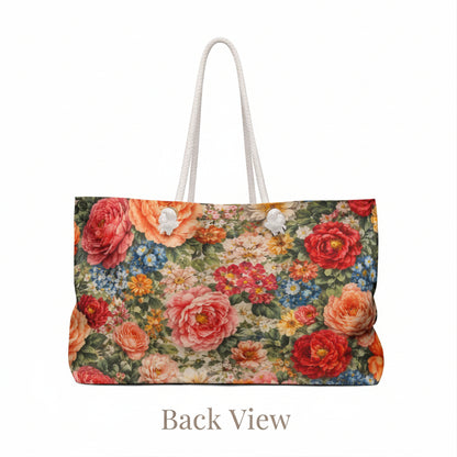 Floral patterned bag with a white handle on a white background