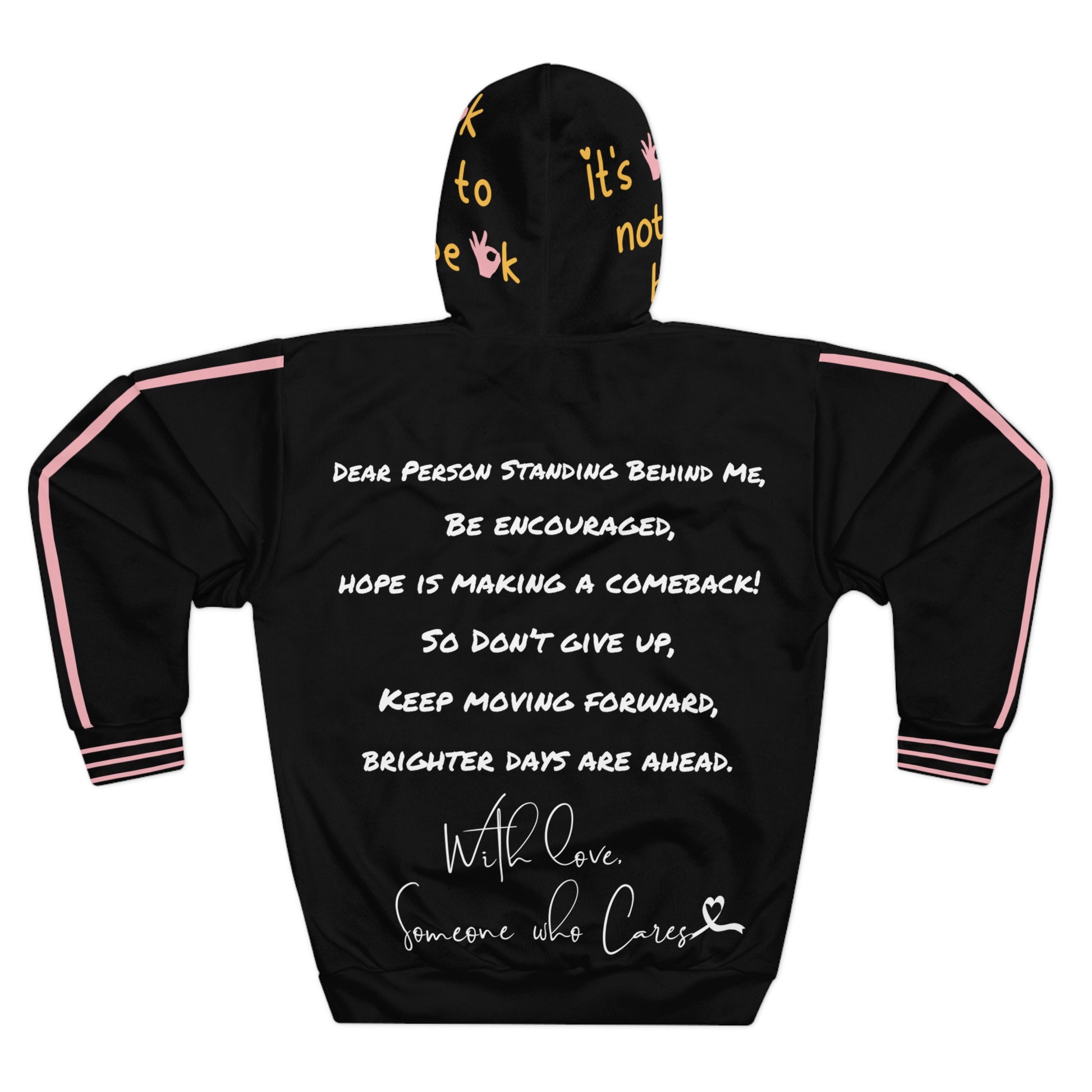 Back view of 'It’s OK Not To Be OK' hoodie in black, showcasing encouraging text message.