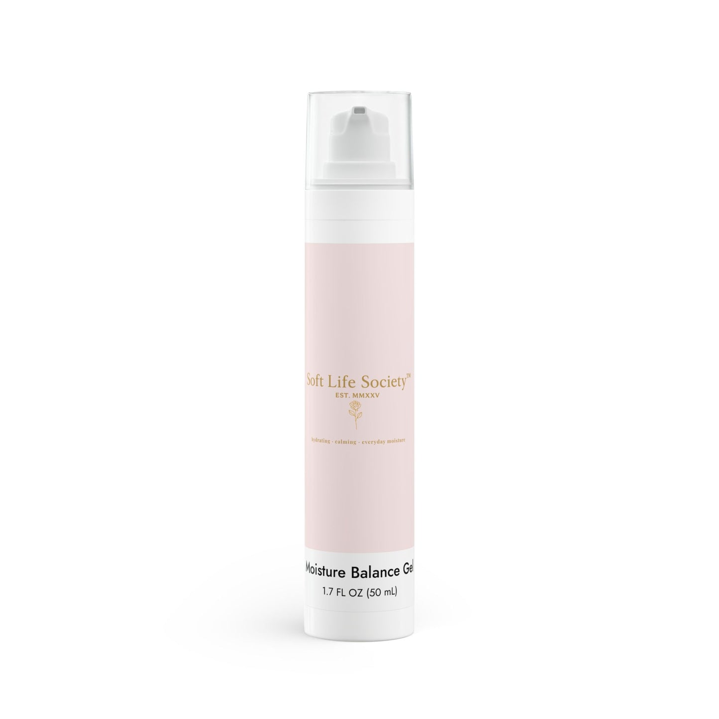 Skincare bottle with pink 'Soft Life Society' label on a white background