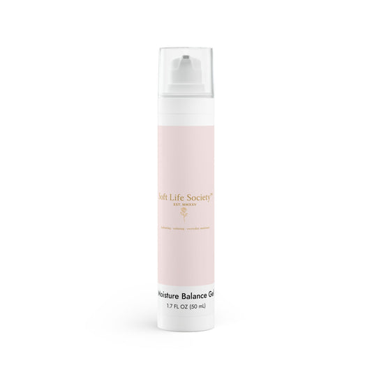 Skincare bottle with pink 'Soft Life Society' label on a white background