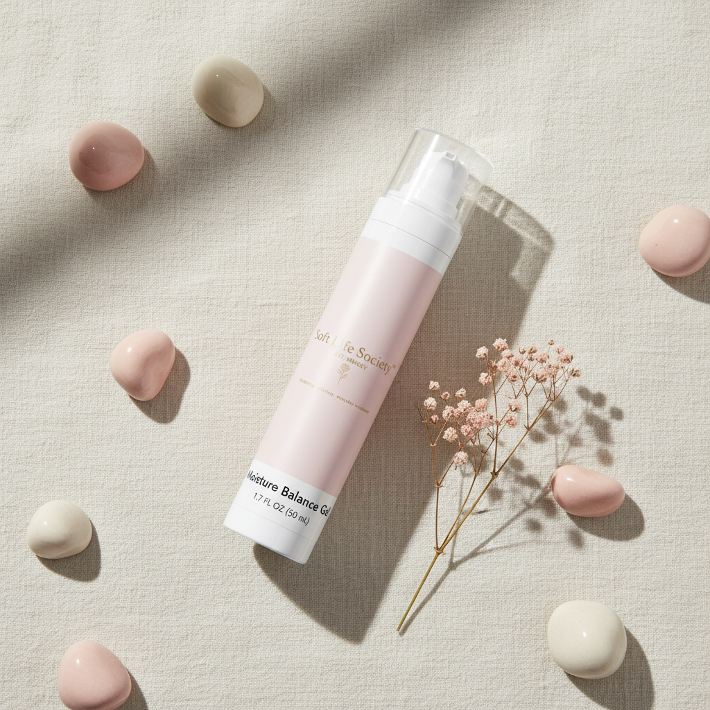 'Soft Life Society' skincare bottle with pink packaging on a neutral background with decorative elements