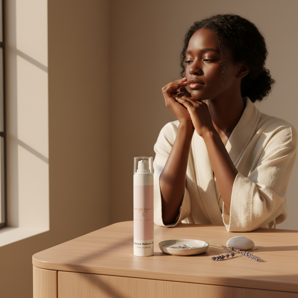Woman in a robe sitting at a table with 'Soft Life Society' skincare products in a warm, sunlit room.