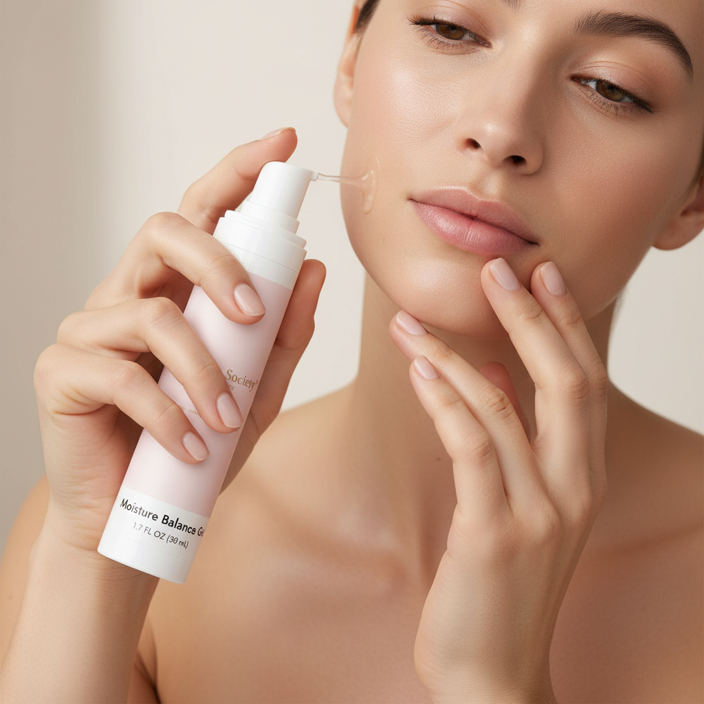 Woman applying 'Soft Life Society' skincare product to her face with a neutral background