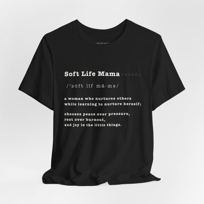 Black t-shirt with a logo on a light gray background