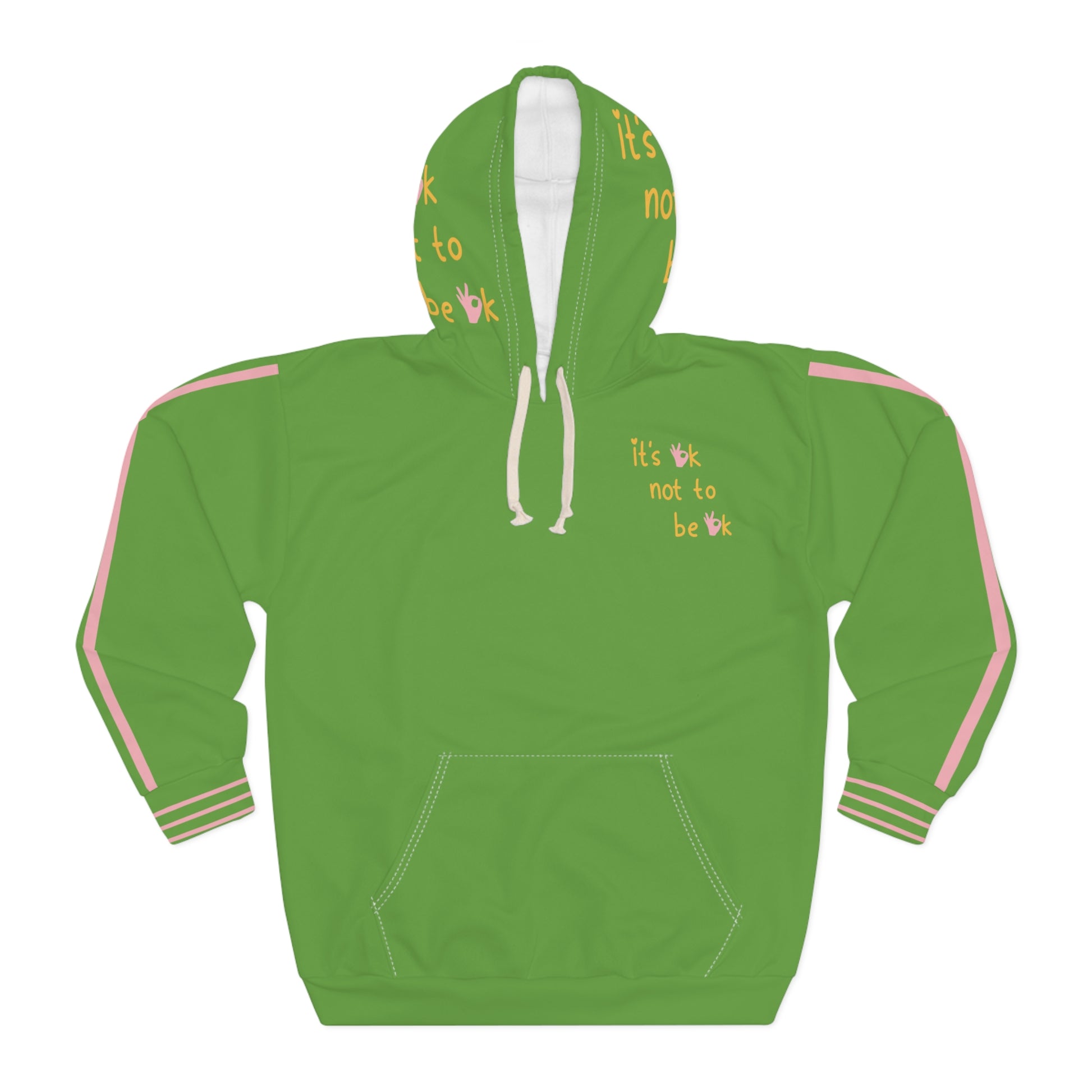 Front view of 'It’s OK Not To Be OK' hoodie in Green, displaying motivational message on the front.
