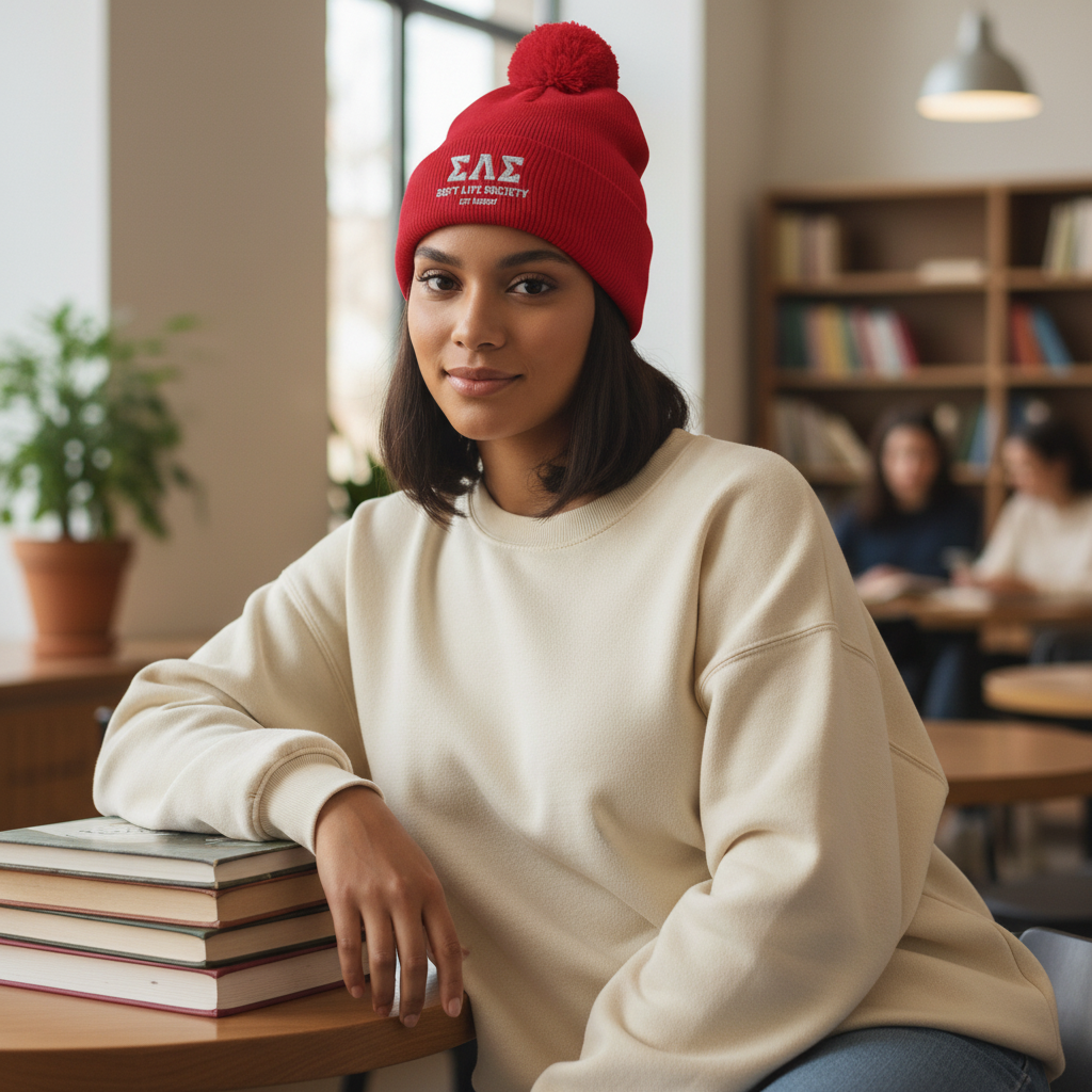 Soft Life Society™ ΣΛΣ Pom Pom Beanie | Varsity Knit Winter Hat