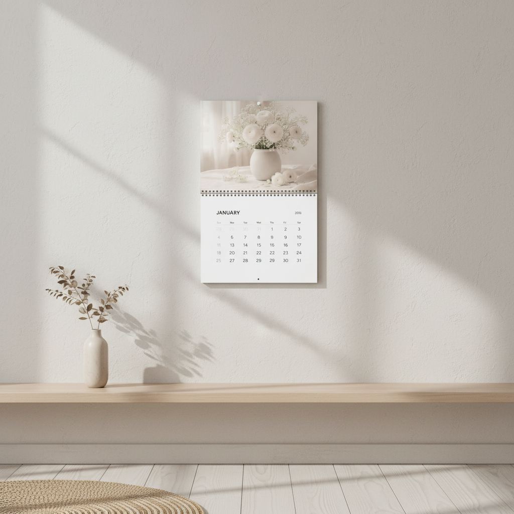 Minimalist January 2026 wall calendar hanging on a neutral textured wall, featuring soft white florals in a ceramic vase with gentle natural light and calm shadows.