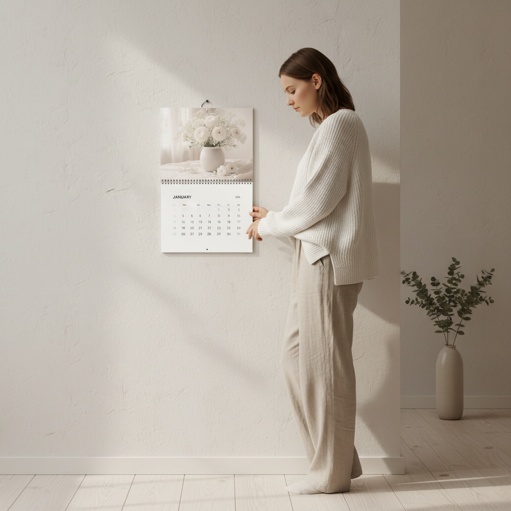 Woman adjusting a January 2026 wall calendar in a neutral minimalist room, wearing soft beige clothing with warm natural light and a calm, slow-living aesthetic.